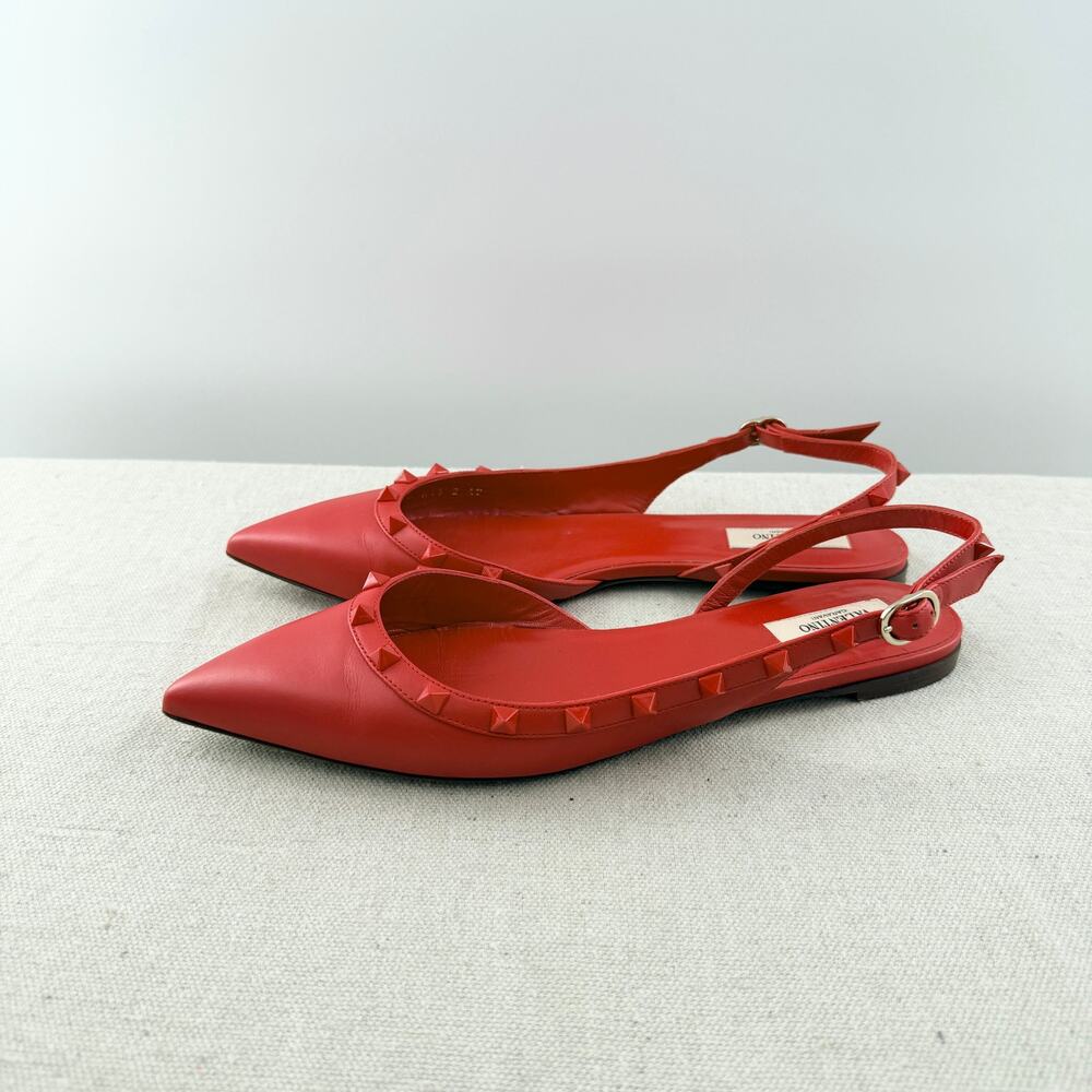 Valentino Leather Rockstud Slip On Pointed Toe Slingback Flat Shoes Red Women 40